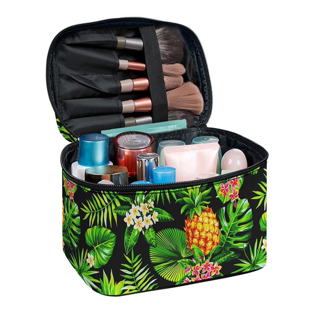 Black Hawaiian Pineapple Pattern Print Travel Makeup Bag