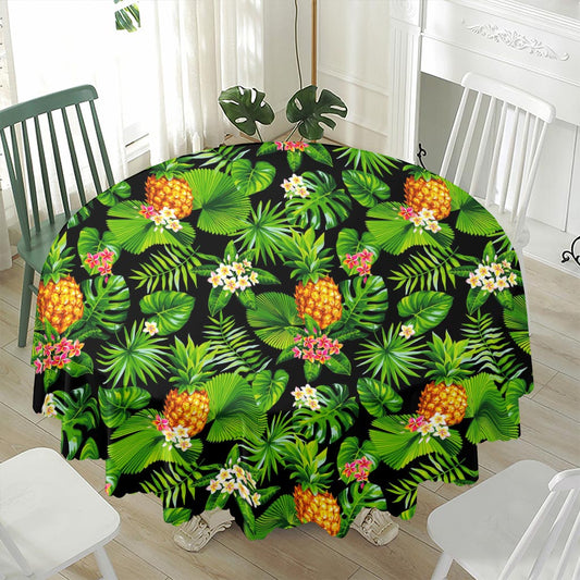 Black Hawaiian Pineapple Pattern Print Waterproof Round Tablecloth