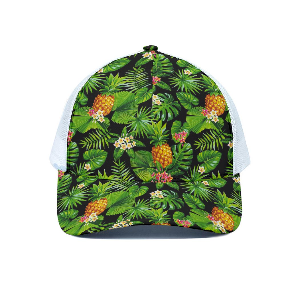 Black Hawaiian Pineapple Pattern Print White Mesh Trucker Cap