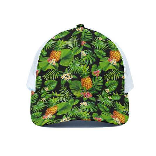 Black Hawaiian Pineapple Pattern Print White Mesh Trucker Cap
