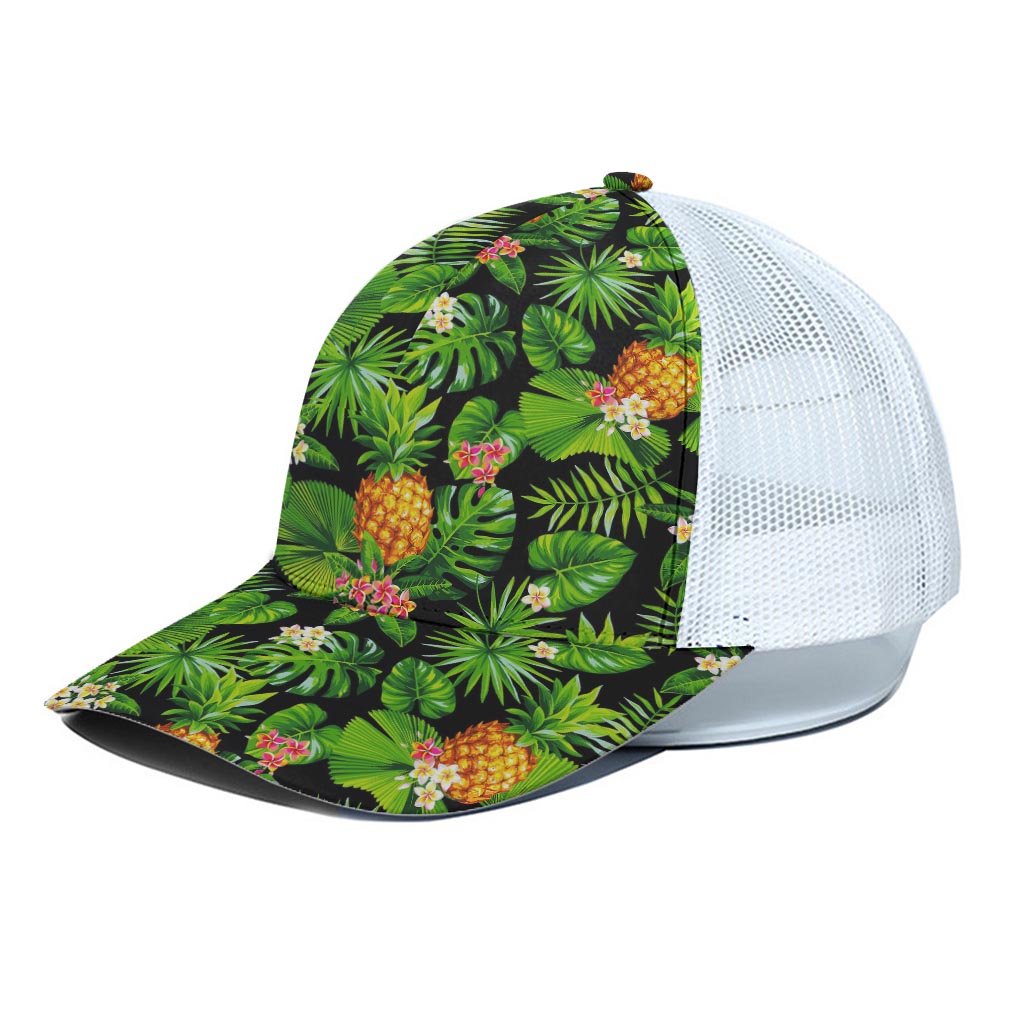 Black Hawaiian Pineapple Pattern Print White Mesh Trucker Cap