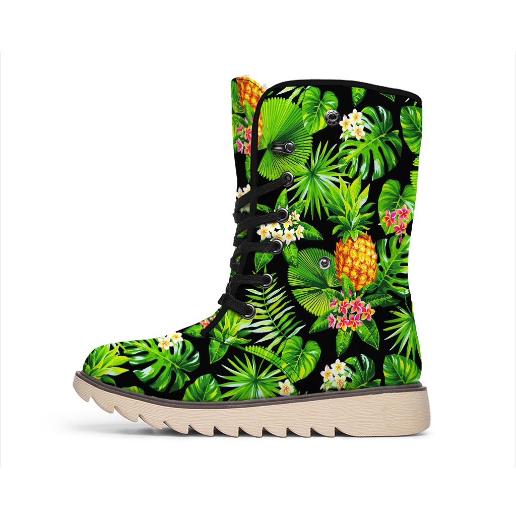 Black Hawaiian Pineapple Pattern Print Winter Boots