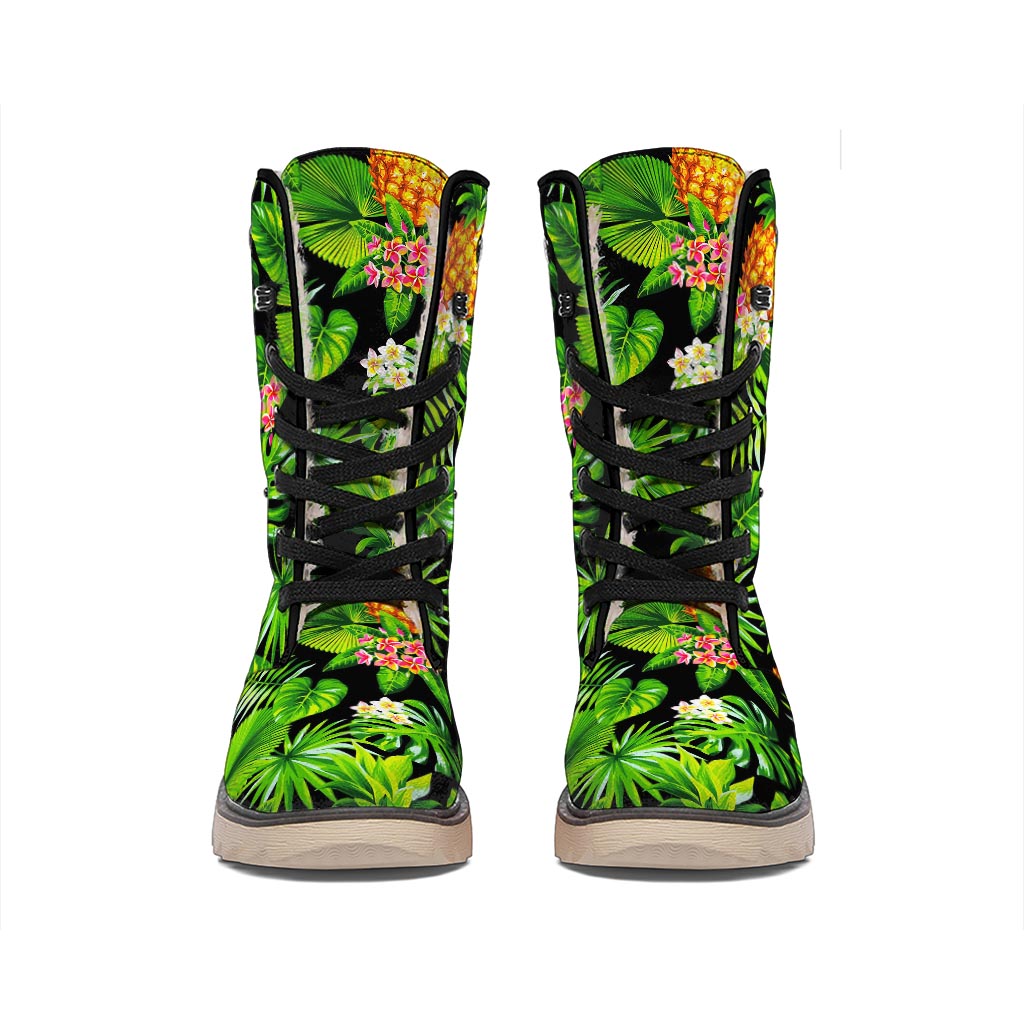 Black Hawaiian Pineapple Pattern Print Winter Boots