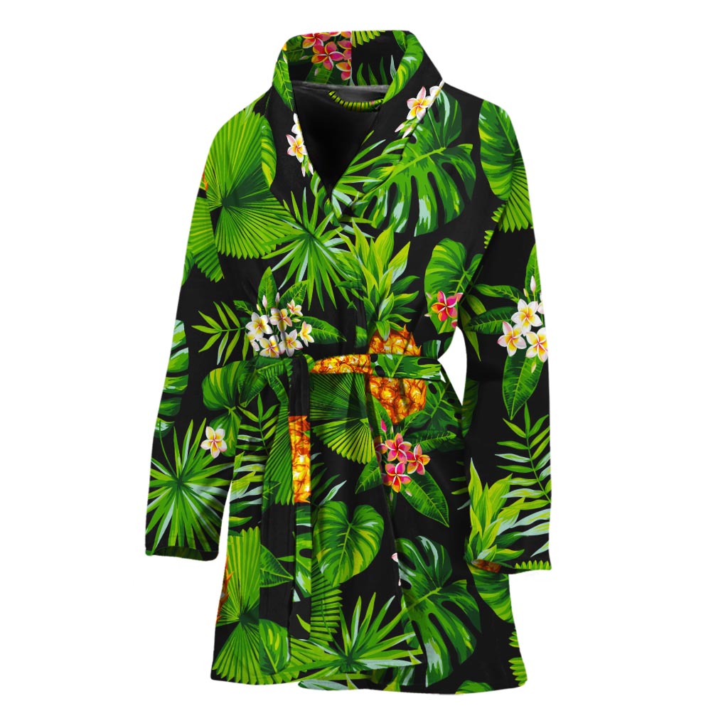 Black Hawaiian Pineapple Pattern Print Women's Bathrobe