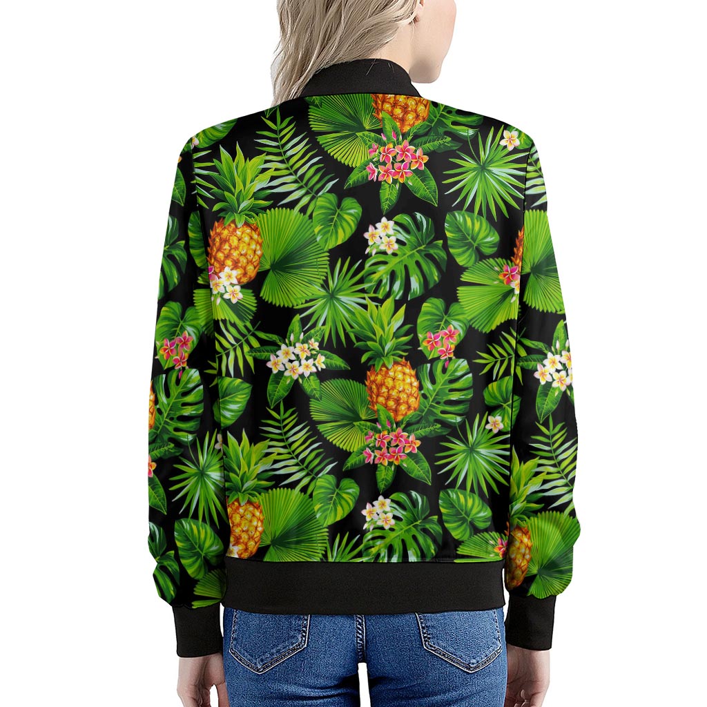 Black Hawaiian Pineapple Pattern Print Women's Bomber Jacket