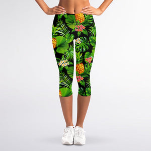 Black Hawaiian Pineapple Pattern Print Women's Capri Leggings