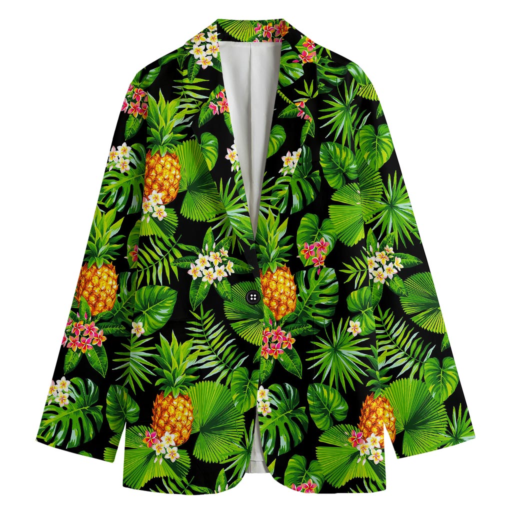 Black Hawaiian Pineapple Pattern Print Women's Cotton Blazer