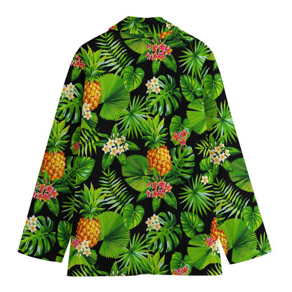 Black Hawaiian Pineapple Pattern Print Women's Cotton Blazer