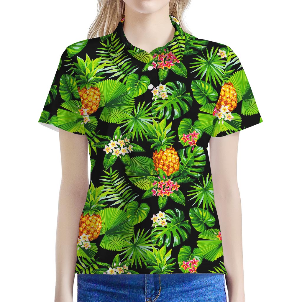 Black Hawaiian Pineapple Pattern Print Women's Polo Shirt