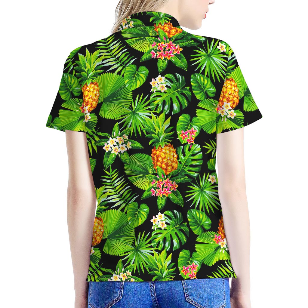 Black Hawaiian Pineapple Pattern Print Women's Polo Shirt