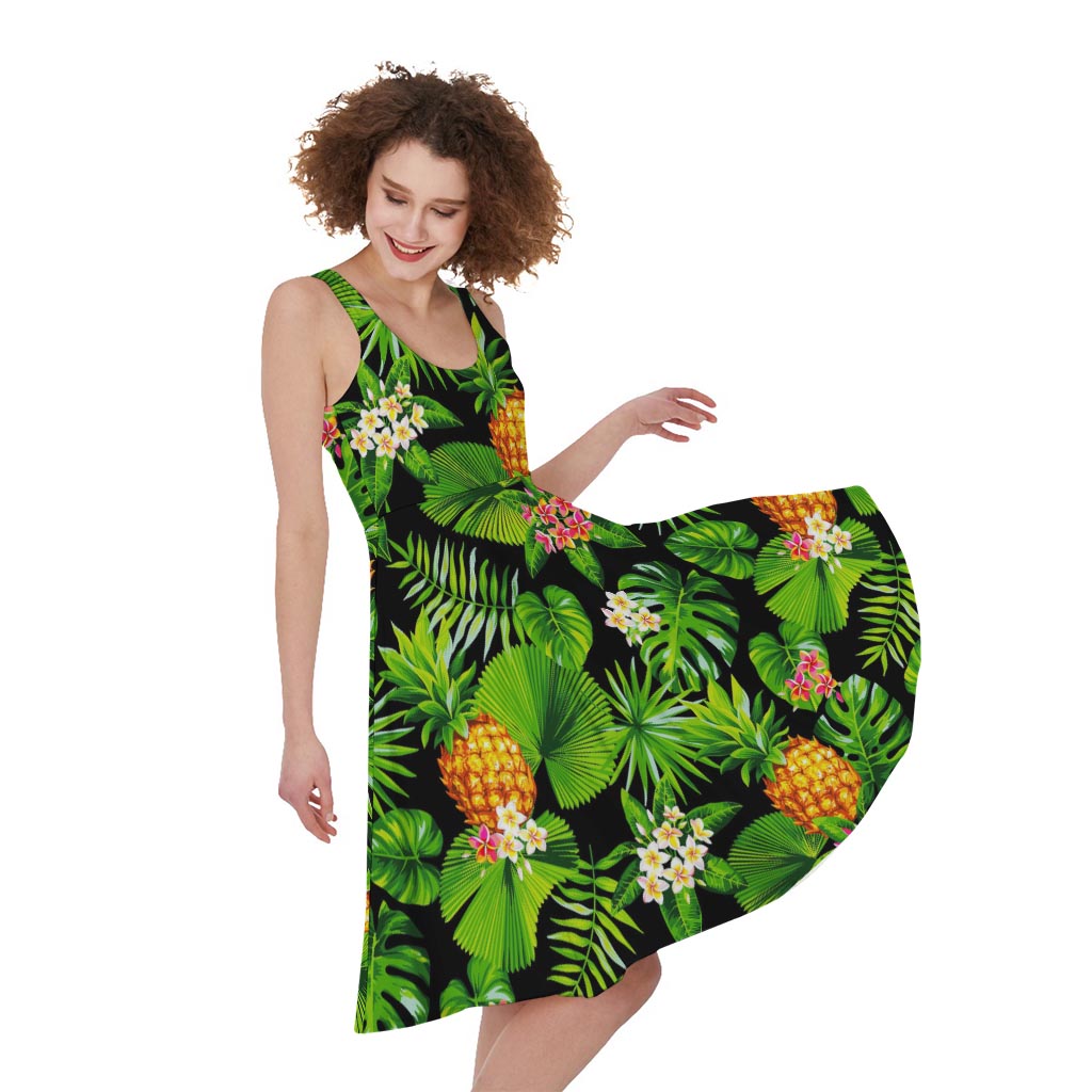 Black Hawaiian Pineapple Pattern Print Women's Sleeveless Dress