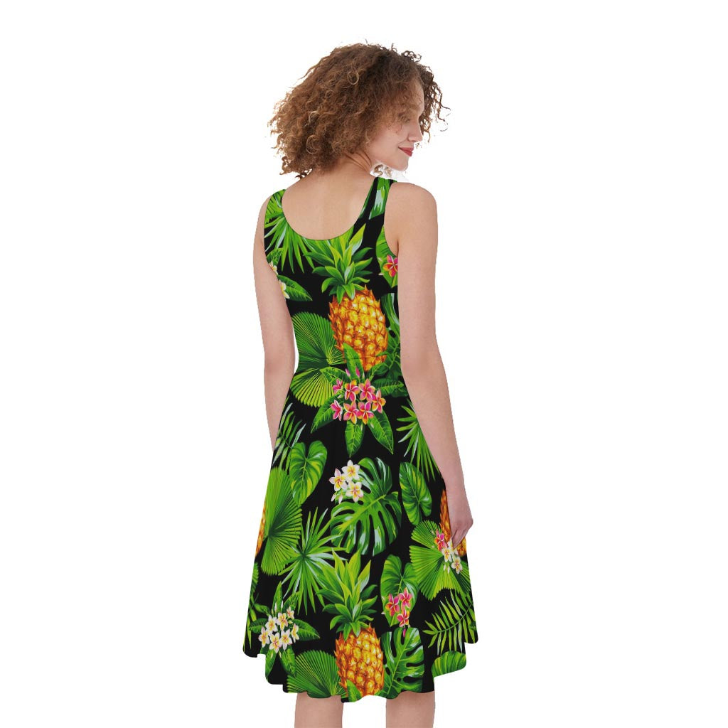 Black Hawaiian Pineapple Pattern Print Women's Sleeveless Dress