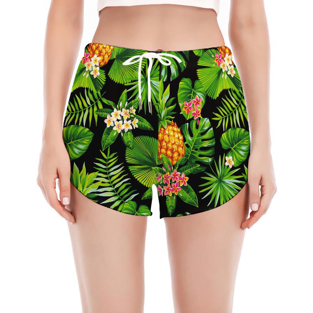 Black Hawaiian Pineapple Pattern Print Women's Split Running Shorts