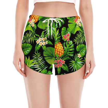 Black Hawaiian Pineapple Pattern Print Women's Split Running Shorts