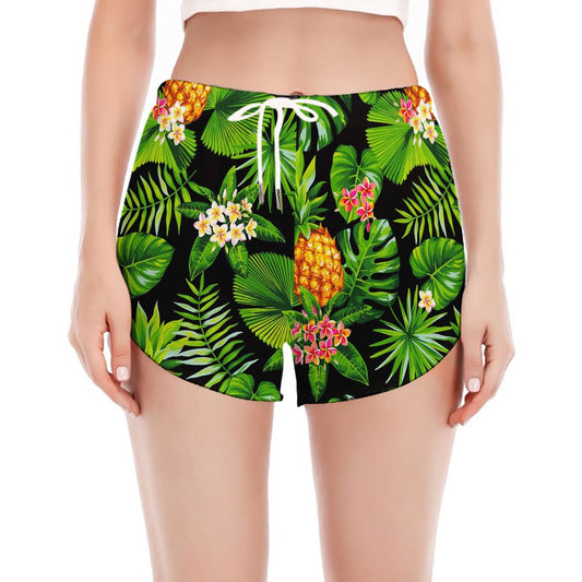 Black Hawaiian Pineapple Pattern Print Women's Split Running Shorts