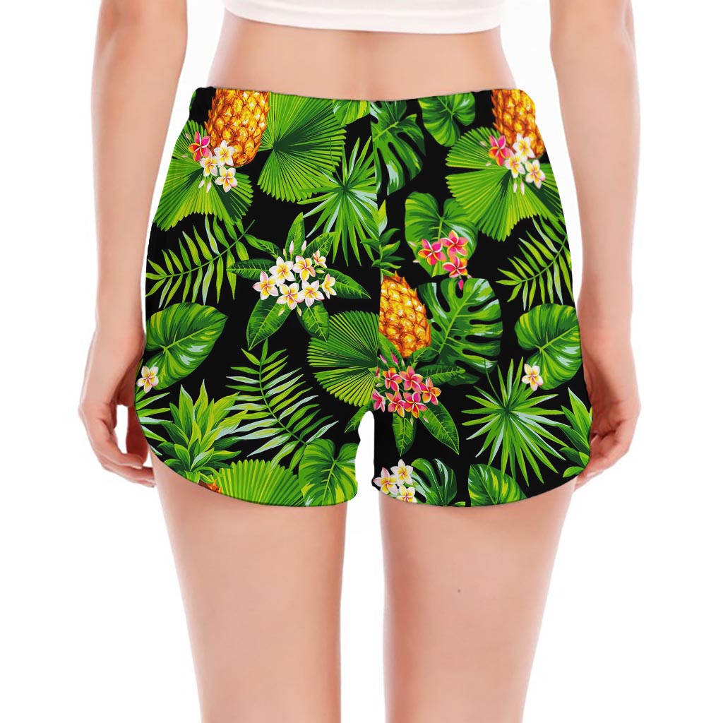 Black Hawaiian Pineapple Pattern Print Women's Split Running Shorts