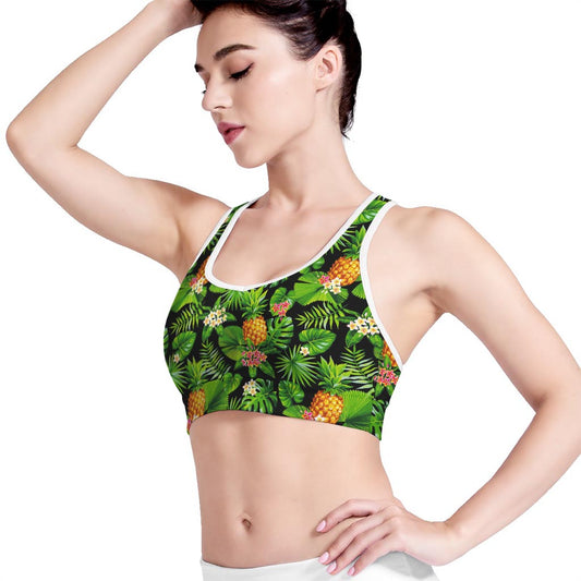 Black Hawaiian Pineapple Pattern Print Women's Sports Bra