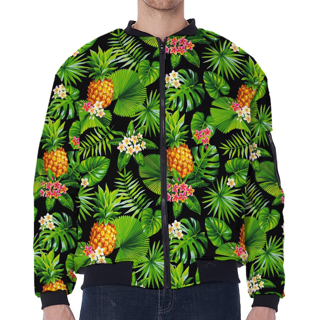 Black Hawaiian Pineapple Pattern Print Zip Sleeve Bomber Jacket