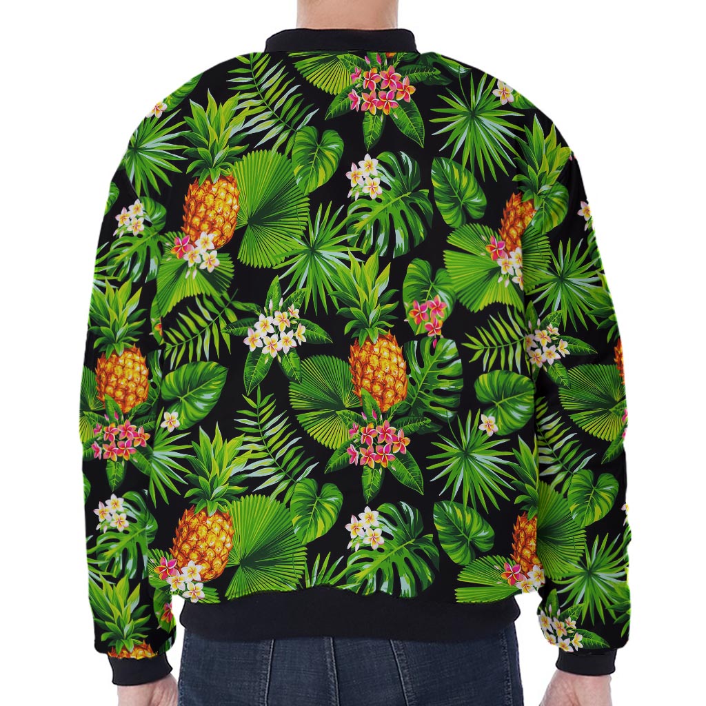 Black Hawaiian Pineapple Pattern Print Zip Sleeve Bomber Jacket