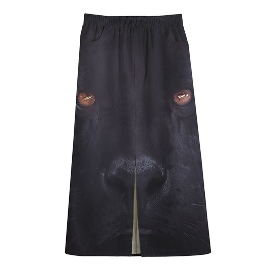 Black Jaguar Print Cotton Front Slit Maxi Skirt