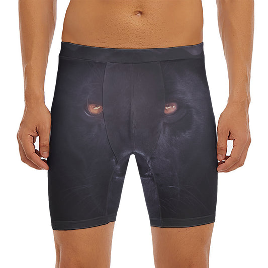 Black Jaguar Print Men's Long Boxer Briefs