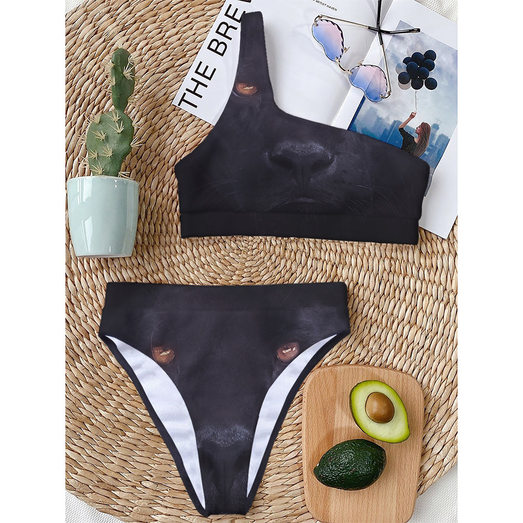 Black Jaguar Print One Shoulder Bikini Top
