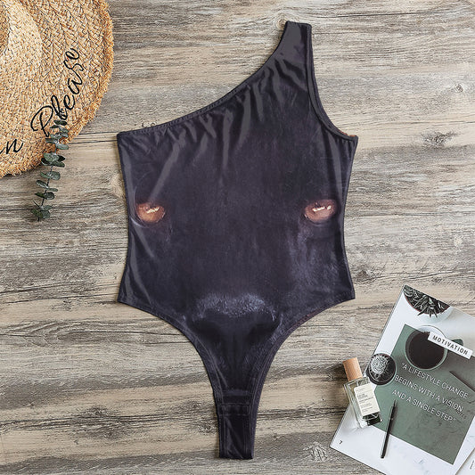 Black Jaguar Print One Shoulder Bodysuit