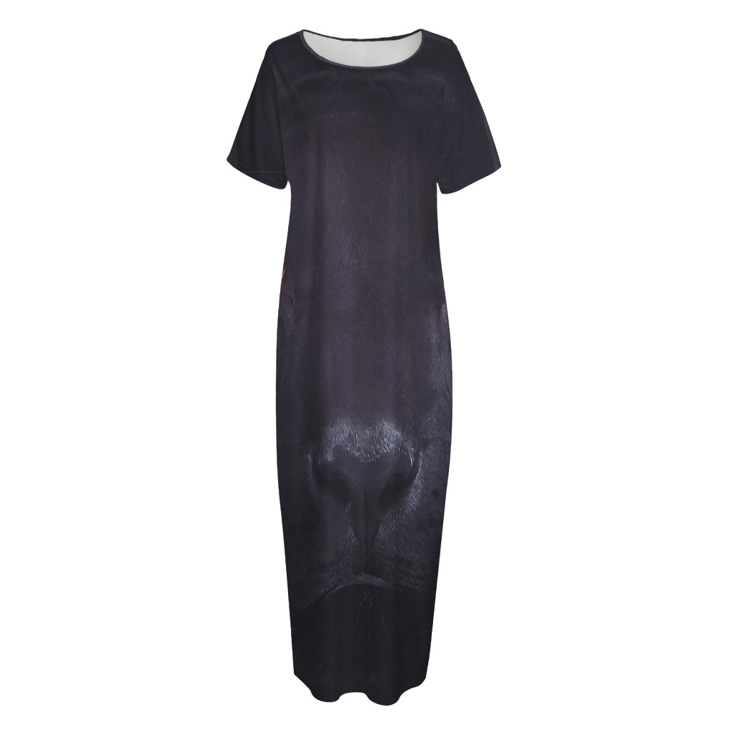Black Jaguar Print Short Sleeve Long Nightdress