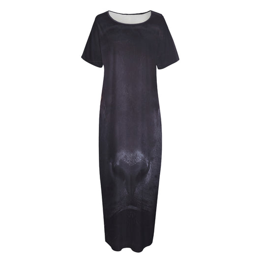 Black Jaguar Print Short Sleeve Long Nightdress