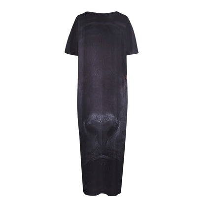 Black Jaguar Print Short Sleeve Long Nightdress