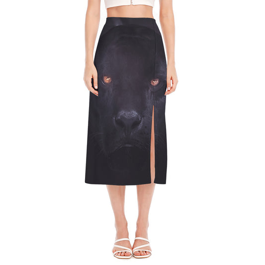 Black Jaguar Print Side Slit Midi Skirt