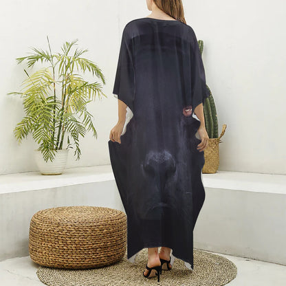 Black Jaguar Print Silk V-Neck Kaftan Dress