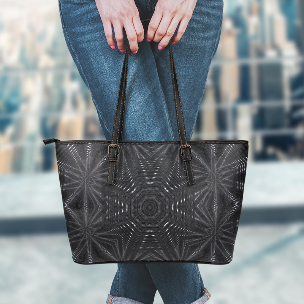 Black Kaleidoscope Print Leather Tote Bag