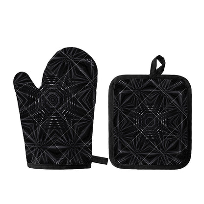 Black Kaleidoscope Print Oven Mitt And Pot Holder Set