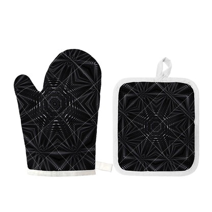 Black Kaleidoscope Print Oven Mitt And Pot Holder Set