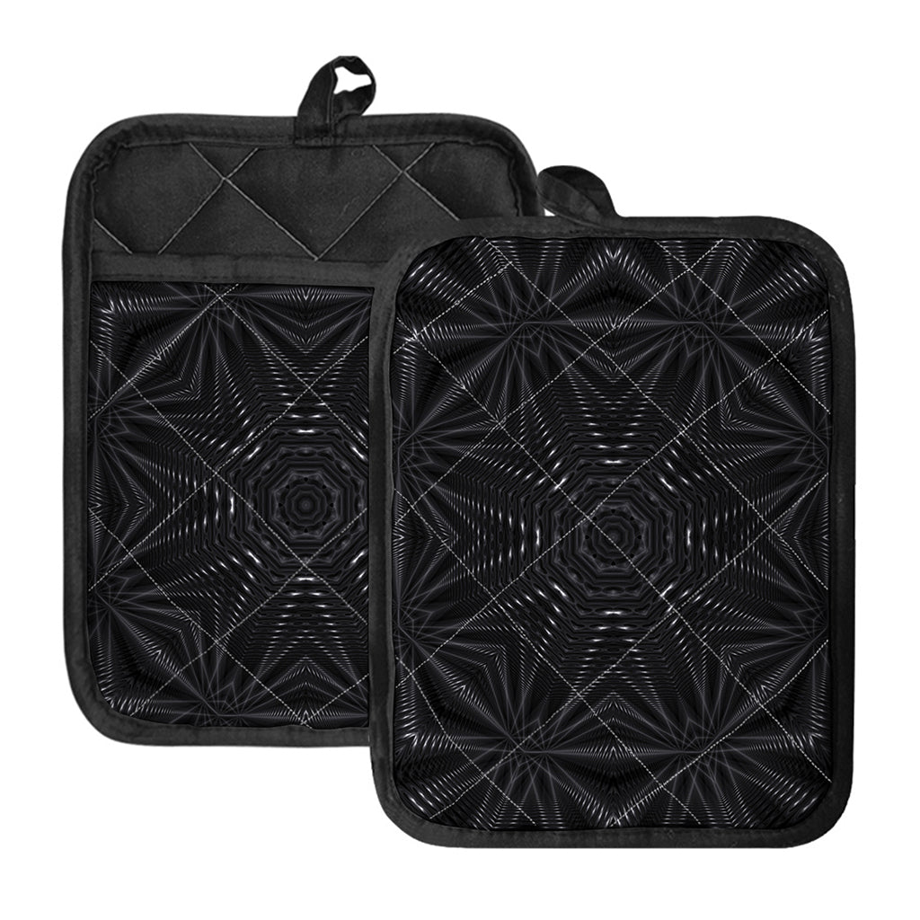 Black Kaleidoscope Print Pot Holders With Pocket