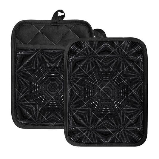 Black Kaleidoscope Print Pot Holders With Pocket