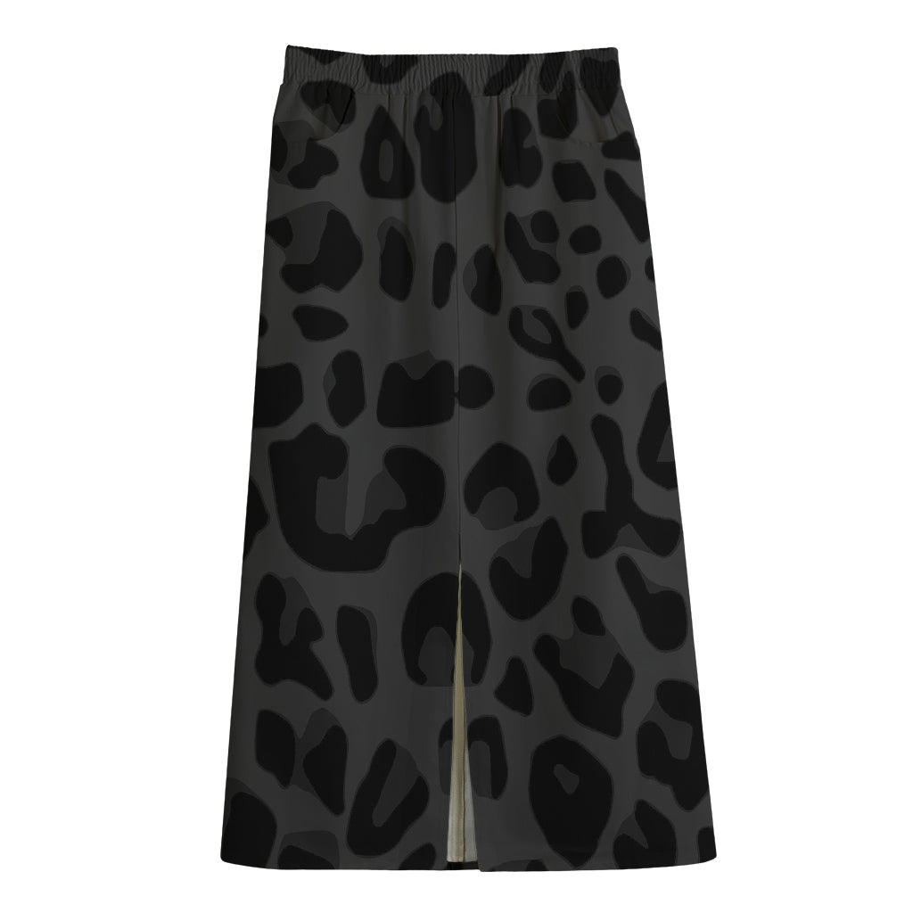 Black Leopard Print Cotton Front Slit Maxi Skirt
