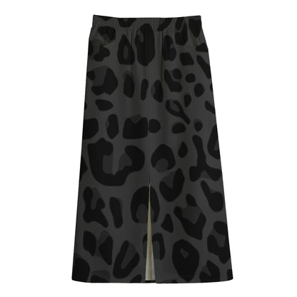 Black Leopard Print Cotton Front Slit Maxi Skirt