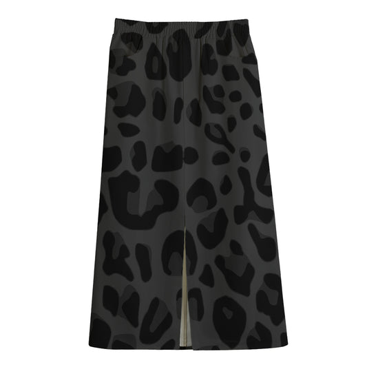 Black Leopard Print Cotton Front Slit Maxi Skirt