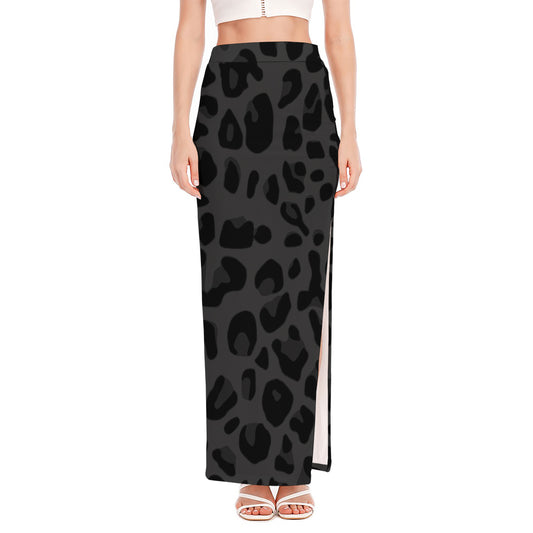 Black Leopard Print High Slit Maxi Skirt