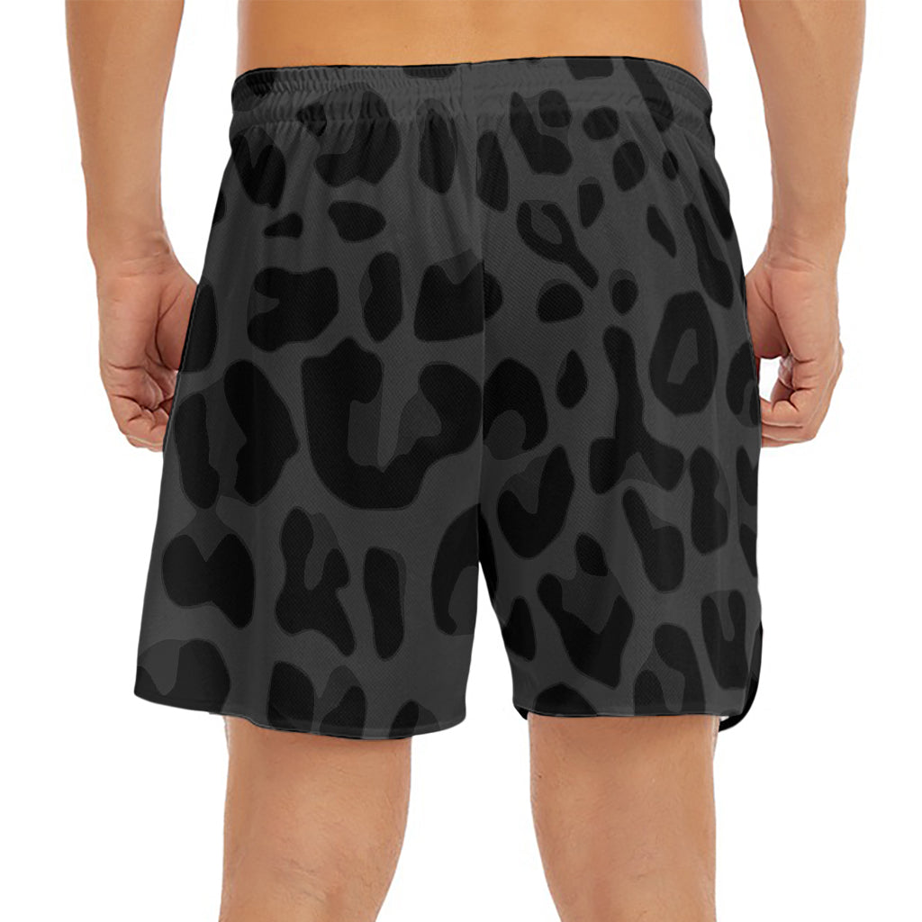 Black Leopard Print Men's Split Running Shorts