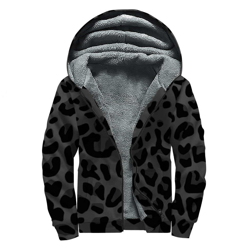 Black Leopard Print Sherpa Lined Zip Up Hoodie