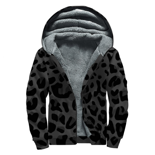 Black Leopard Print Sherpa Lined Zip Up Hoodie