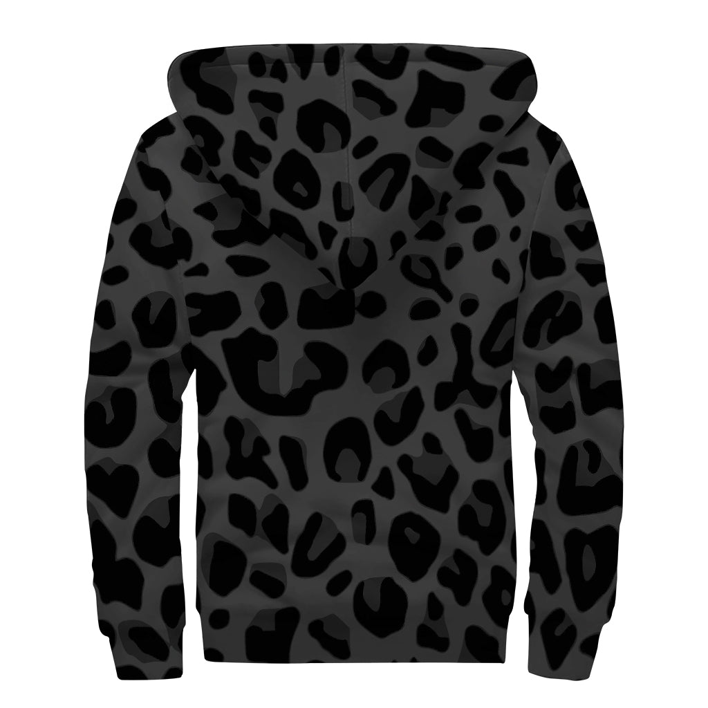 Black Leopard Print Sherpa Lined Zip Up Hoodie