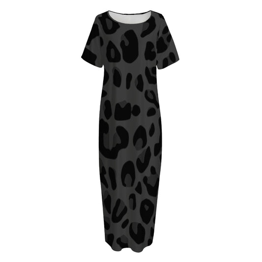 Black Leopard Print Short Sleeve Long Nightdress