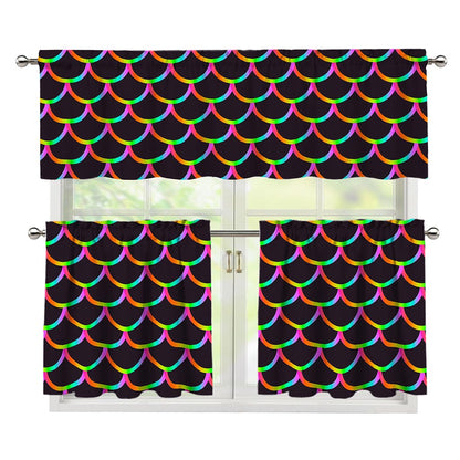 Black Mermaid Scales Pattern Print 3 Piece Kitchen Curtains