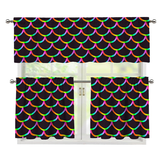 Black Mermaid Scales Pattern Print 3 Piece Kitchen Curtains