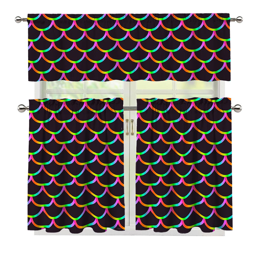 Black Mermaid Scales Pattern Print 3 Piece Kitchen Curtains