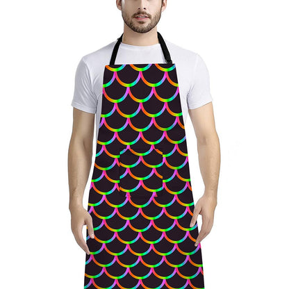 Black Mermaid Scales Pattern Print Bib Apron With Pocket